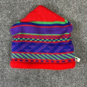 Vintage Turtle Fur Kids Beanie Red Geometric Wool Blend Fleece Lined USA Made